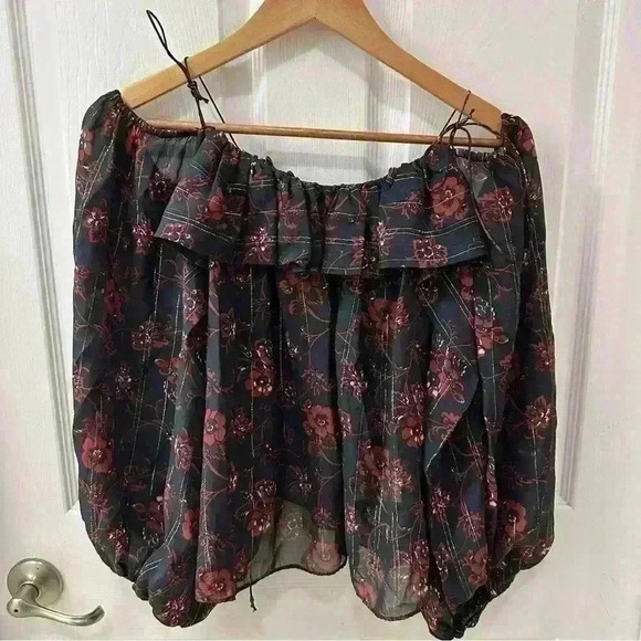 ULLA Johnson Coline Black Red Silk Off the Shoulder Spaghetti Strap Blouse 8 - Picture 3 of 8